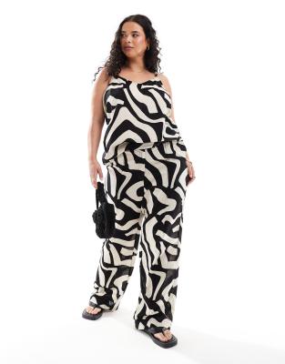 linen touch wide leg pants in abstract black print - part of a set