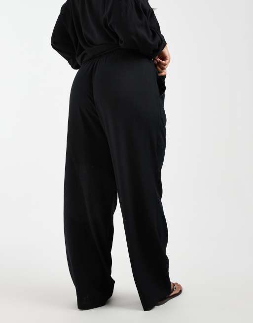 Vero Moda Curve linen touch wide leg pants with drawstring waist in black, 5 of 5