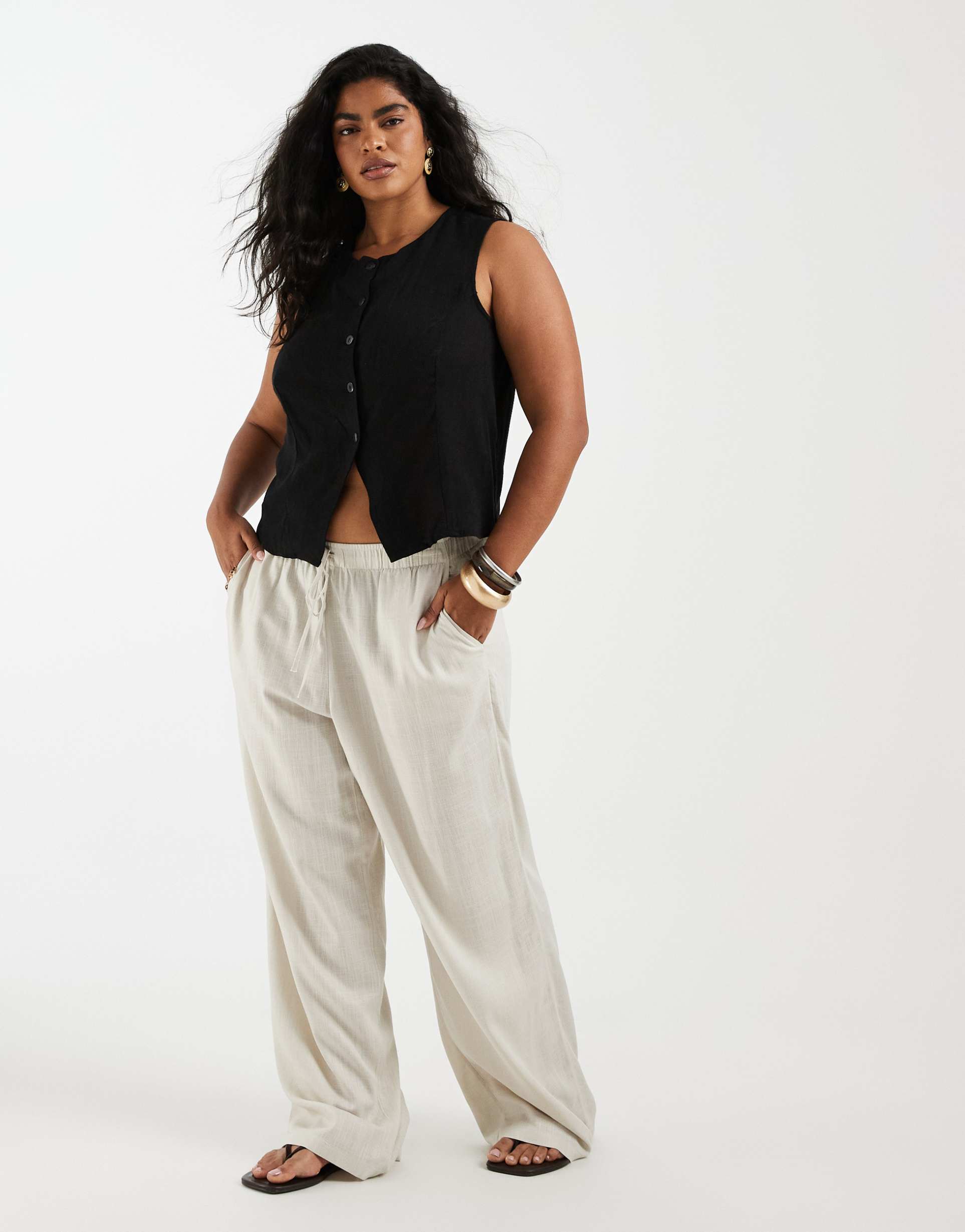 vero moda curve linen touch wide leg pants with drawstring waist in stone