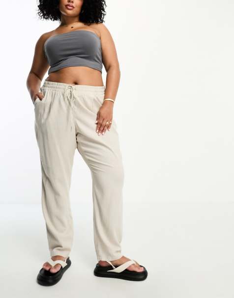 Vero Moda Curve – Ljusbeige, avsmalnande byxor i linnemix - view 1