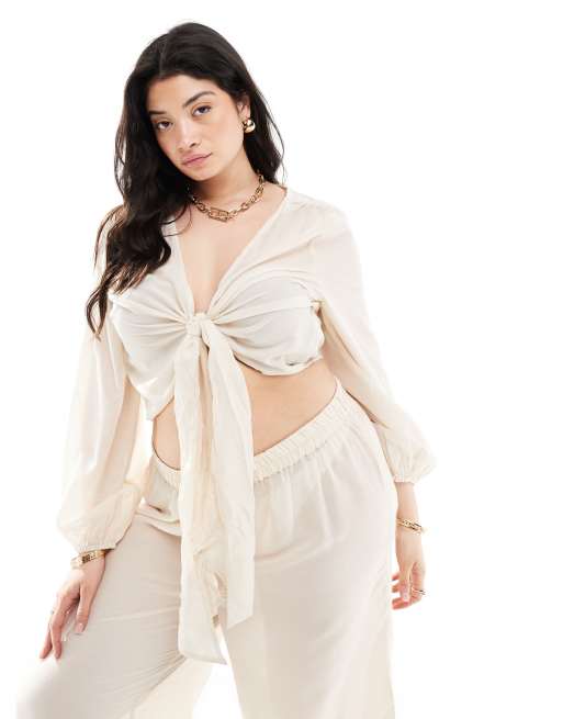 Vero Moda Curve – Ljusbeige strandtopp med knytning framtill, del av set