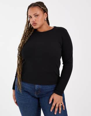 Vero Moda Curve Long Sleeve Baby Rib Top In Black