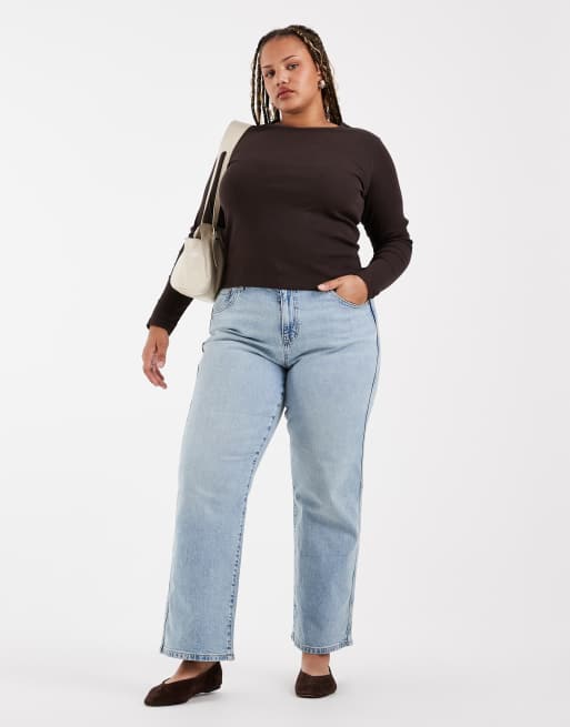 Vero Moda Curve long sleeve baby rib top in brown, 3 of 4