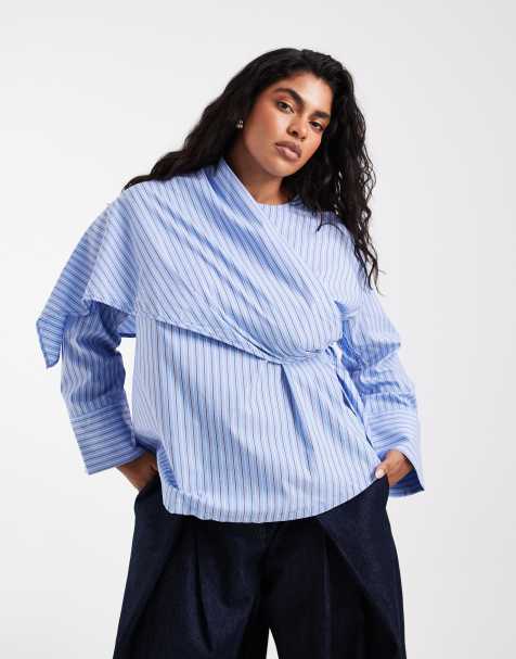 Vero Moda Curve long sleeve blouse with scarf detail in light blue stripe - view 1
