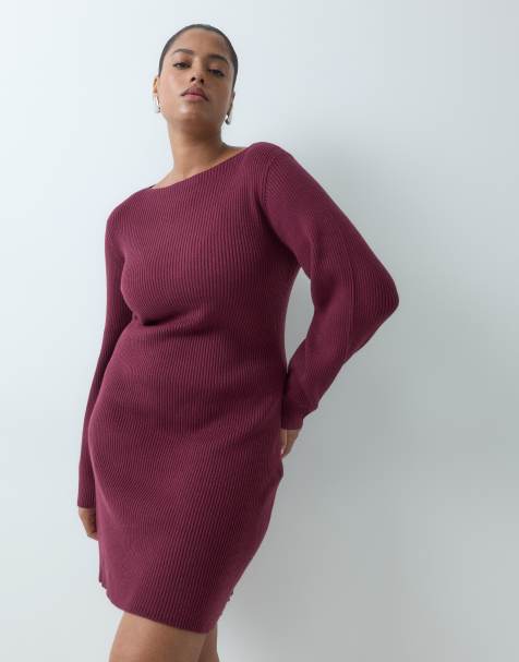 Vero Moda Curve long sleeve boat neck knitted mini dress in burgundy