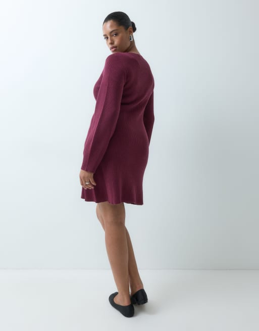 Vero Moda Curve long sleeve boat neck knitted mini dress in burgundy, 5 of 5