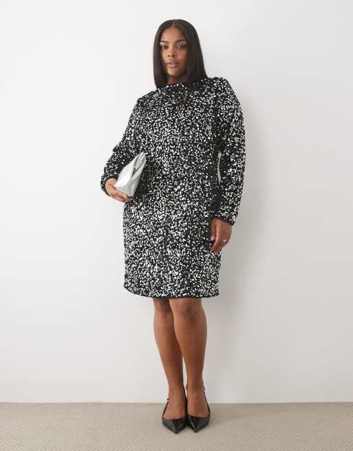 Vero Moda Curve long sleeve boatneck sequin midi dress in black, 2 of 4