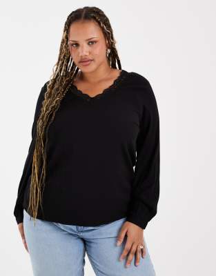 Vero Moda Curve Long Sleeve Lace Detail V-neck Blouse In Black