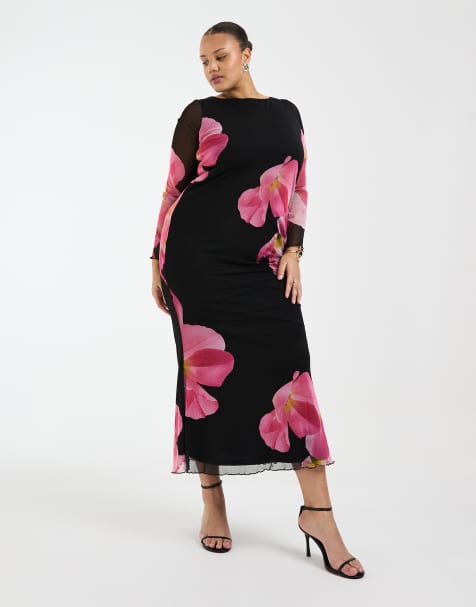 Vero Moda Curve long sleeve mesh maxi dress in black with overblown floral - view 1