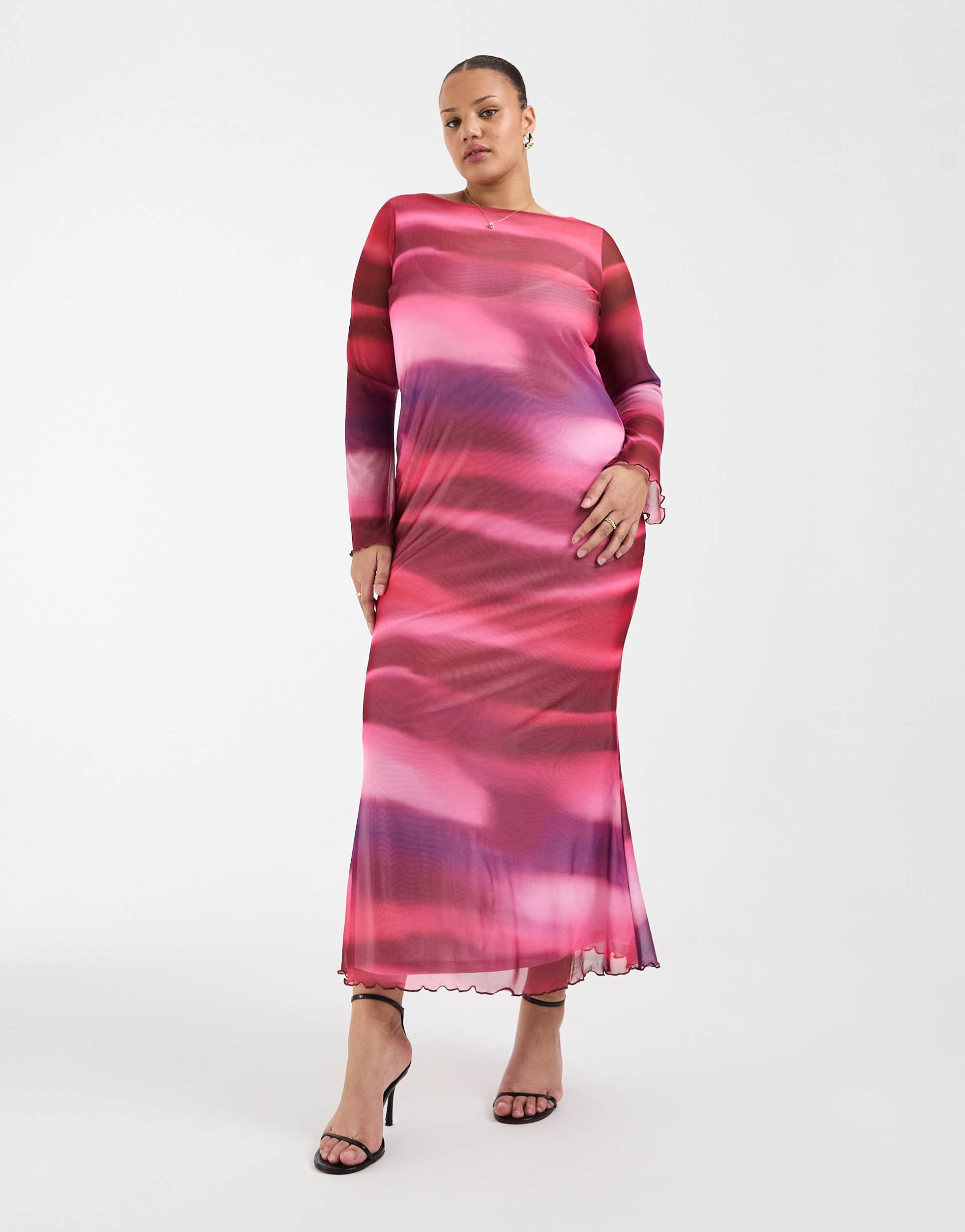 vero moda curve long sleeve mesh maxi dress in pink abstract print