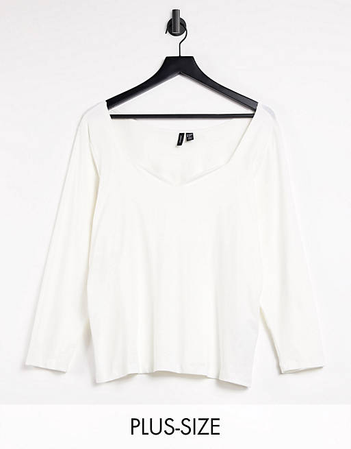 Vero Moda Curve long sleeve t-shirt with sweetheart neck in white