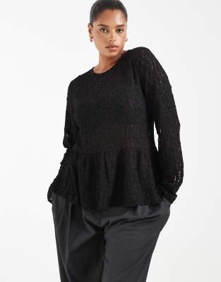 Vero Moda Curve Long Sleeve Textured Peplum Top In Black