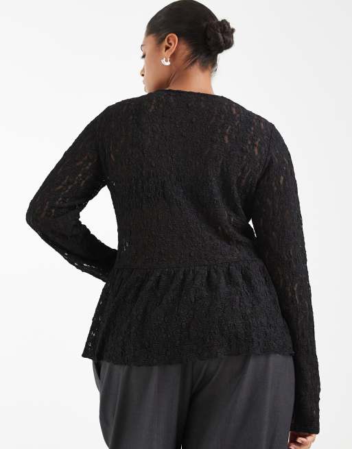 Vero Moda Curve long sleeve textured peplum top in black, 2 of 4