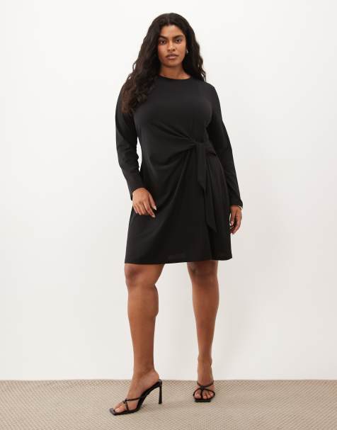 Vero Moda Curve long sleeve tie detail midi dress in black - view 1
