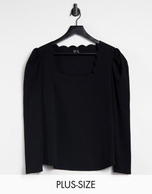 Vero Moda Curve long sleeve top with scallop hem neckline in black | ASOS