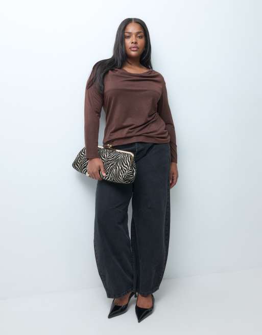 Vero Moda Curve long sleeve waterfall top in chocolate brown, 2 of 4
