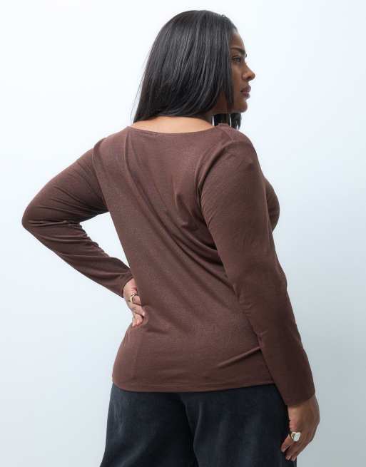 Vero Moda Curve long sleeve waterfall top in chocolate brown, 4 of 4
