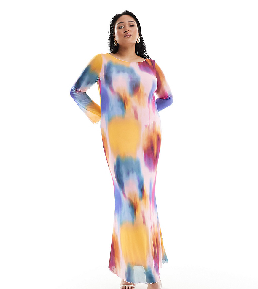 long sleeved mesh dress in blurred multi print