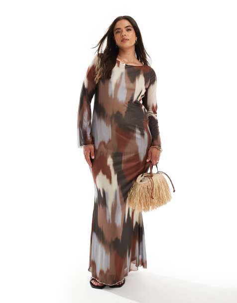 Vero Moda Curve long sleeved mesh dress in blurred neutral print - view 1