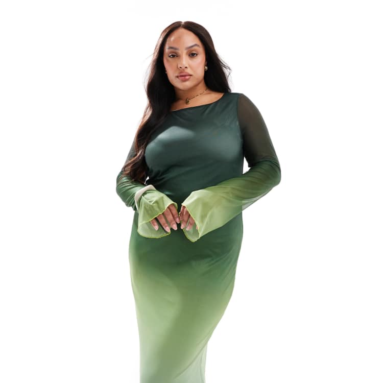 Vero Moda Curve long sleeved mesh dress in green ombre print | ASOS