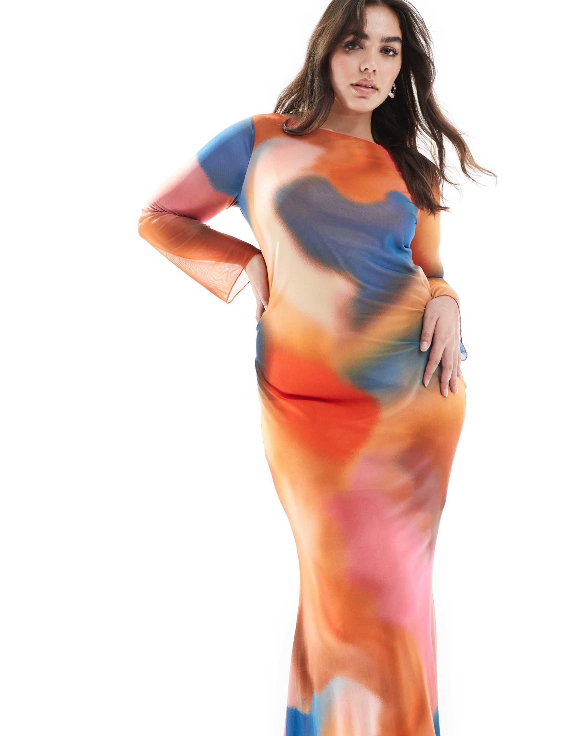 vero moda curve long sleeved mesh maxi dress in sunset blue abstract