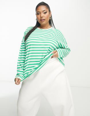 Vero Moda Curve long sleeved oversized t-shirt in green stripe