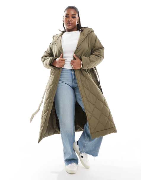 Vero Moda Curve – Longline-Steppmantel in Olivgrün mit Bindegürtel - view 1