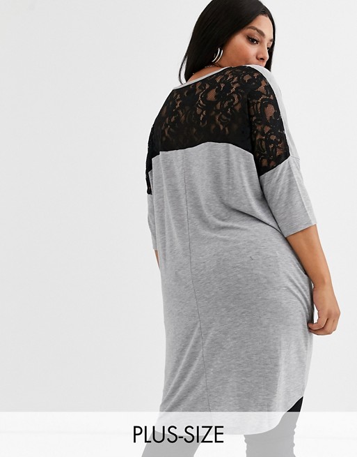 Vero Moda Curve longline t-shirt with lace back detail in grey