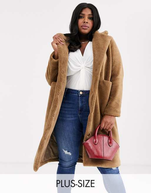 Vero Moda Curve longline teddy coat with pocket detail in camel