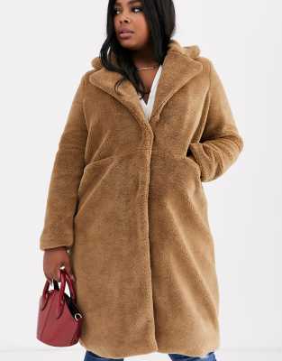 Vero Moda Curve longline teddy coat with pocket detail in camel