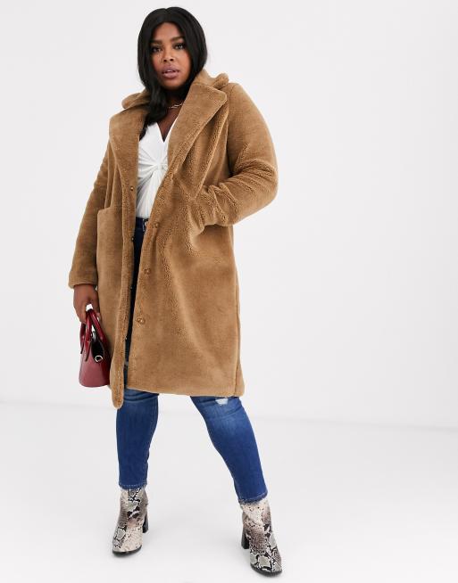 Vero Moda Curve longline teddy coat with pocket detail in camel