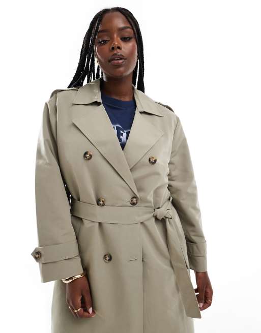 Vero Moda Curve Longline Trenchcoat in Steinbeige mit Bindegurtel