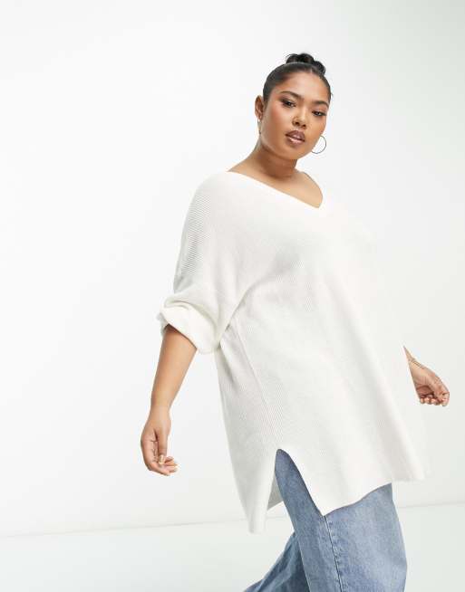 Vero Moda Curve longline v neck sweater in white