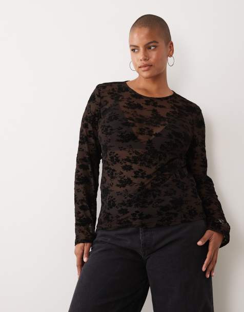 Vero Moda Curve longsleeve floral burnout t-shirt in chocolate brown