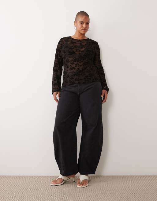 Vero Moda Curve longsleeve floral burnout t-shirt in chocolate brown, 2 of 4