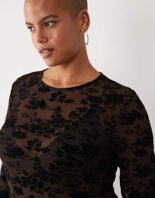 Vero Moda Curve longsleeve floral burnout t-shirt in chocolate brown, 3 of 4