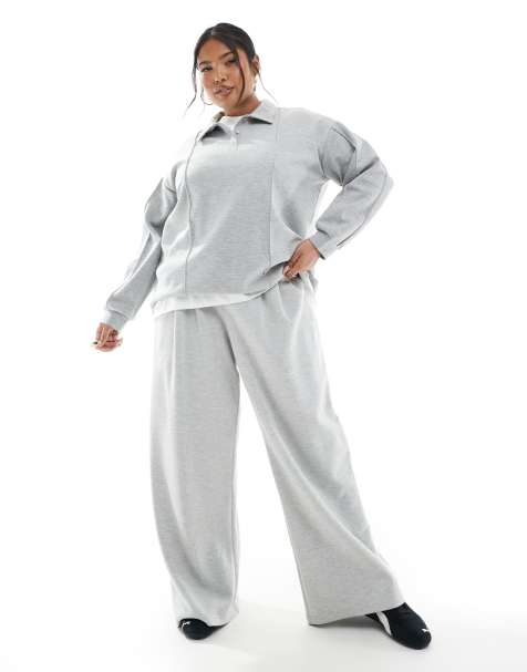 Vero Moda Curve - Lysegråmelerede joggingbukser med vide ben i jersey - Del af sæt - view 1