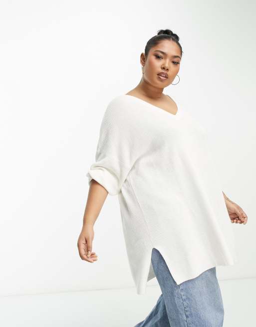 Vero Moda Curve - Maglione taglio lungo bianco con scollo a V