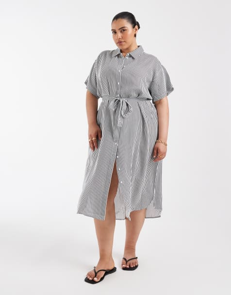 Vero Moda Curve - Marineblå og hvid midi-skjortekjole med bindebælte og striber - view 1