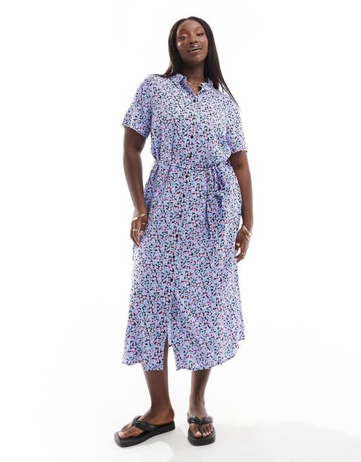 Vero Moda Curve maxi button down shirt dress in blue floral print ASOS