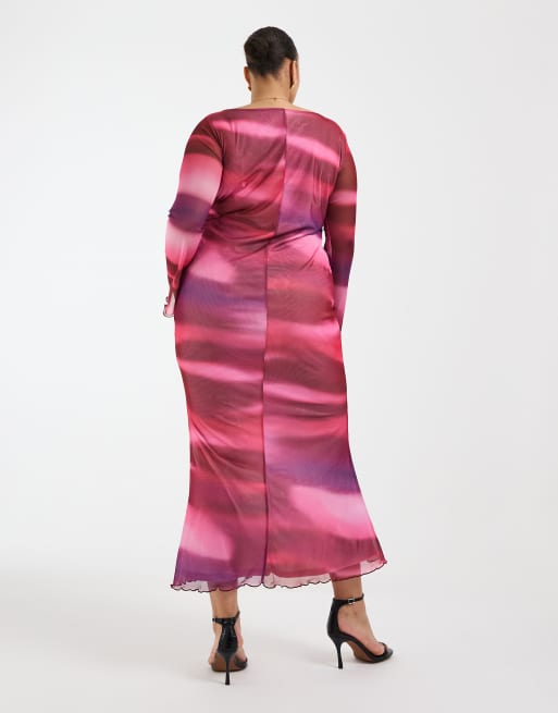 Vero Moda Curve - Maxi jurk van mesh met lange mouwen en abstracte print in roze, 2 van 4