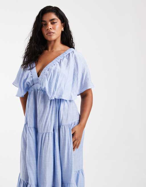 Vero Moda Curve Maxikleid mit Volantärmeln und Stufen in Hellblau, 3 von 4