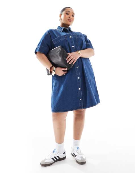 Vero Moda Curve - Mellemblå minikjole i denim i firkantet pasform - view 1