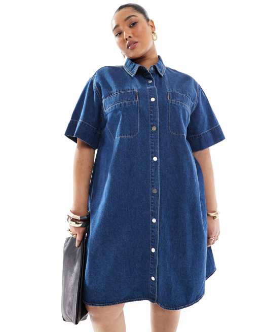 Vero Moda Curve - Mellemblå minikjole i denim i firkantet pasform, 2 af 4