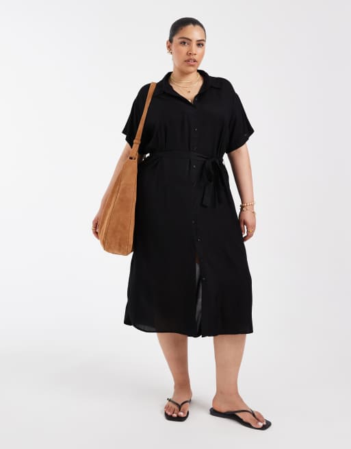Vero Moda Curve – Midi-Hemdblusenkleid in Schwarz mit Bindegürtel, 2 von 4