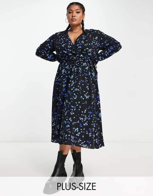 Vero Moda Curve - Midi jurk met overslag en bloemenprint in zwart