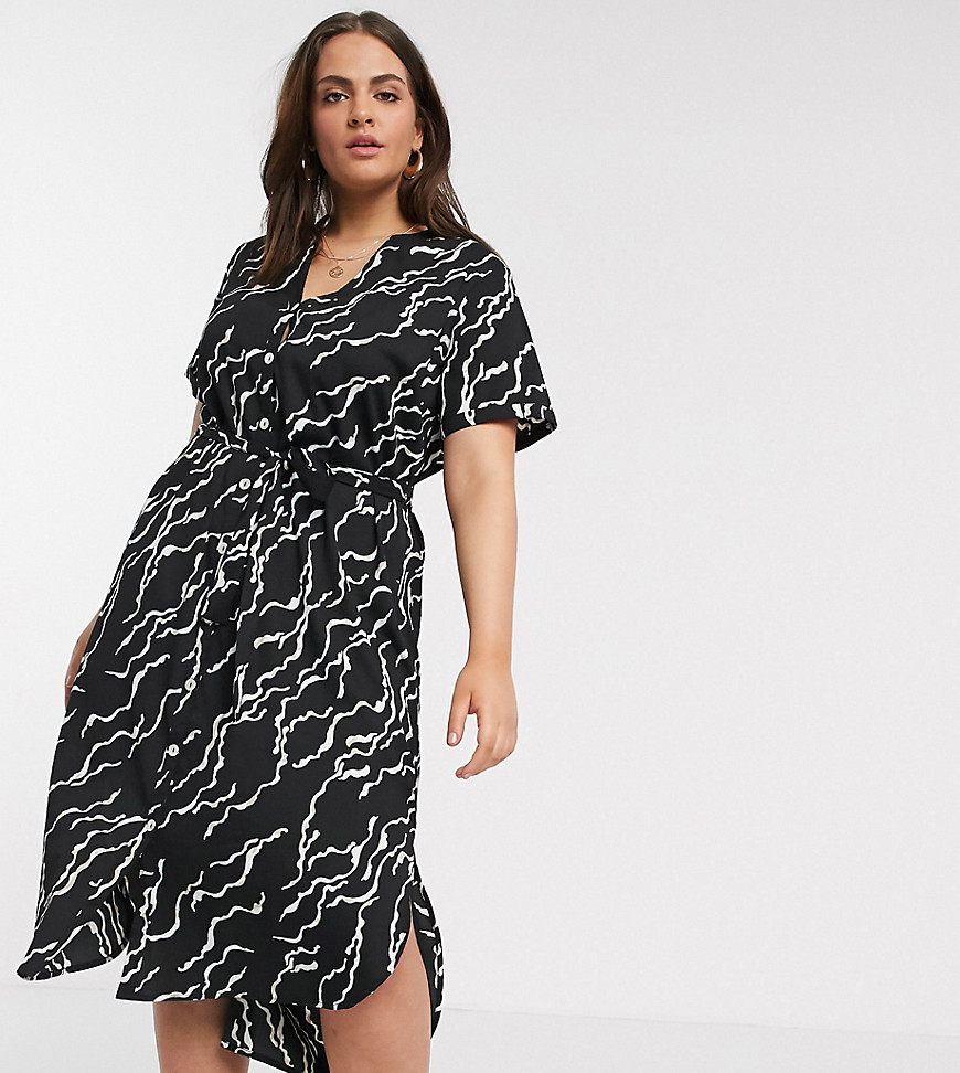 Vero Moda Curve Midi Shirt Dress With Belted Waist In Black Abstract Print-multi