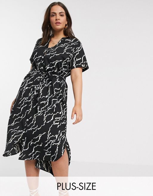 Vero Moda Curve midi shirt dress with belted waist in black abstract ...