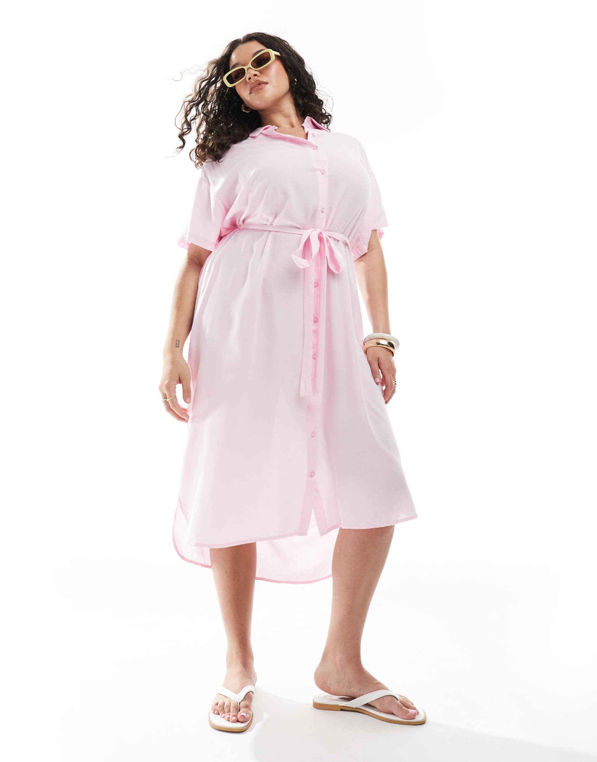 vero moda curve midi shirt dress with tie belt in pink