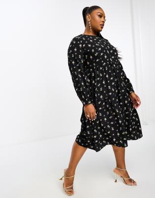 Vero Moda Curve midi smock dress in black ditsy floral-Multi